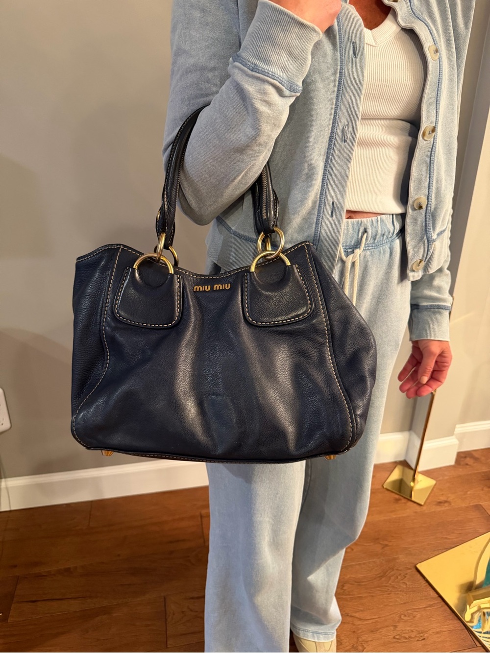 Authentic Miu Miu Navy Leather Tote with Gold Hardware